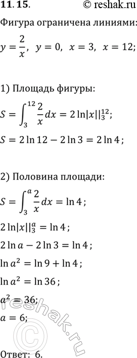 Изображение 11.15. При каком значении а прямая x=a разбивает фигуру, ограниченную графиком функции y=2/x и прямыми y=0, x=3, x=12, на две равновеликие...