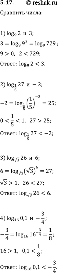 Изображение 5.17. Сравните:1) log_9 2 и 3;   3) log_v3 26 и 6;2) log_(1/5) 27 и -2;   4) log_16 0,1 и...