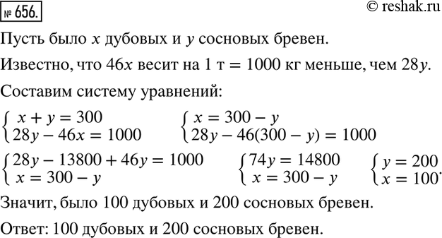 Изображение 656. На платформу были погружены дубовые и сосновые бревна, всего 300 бревен. Известно, что все дубовые бревна весили на 1 т меньше, чем все сосновые. Определить,...