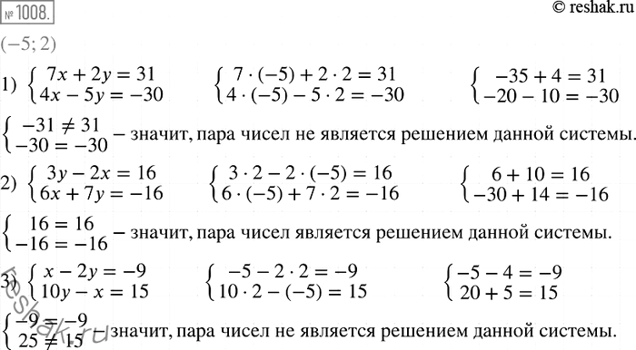 Изображение 1008 Решением каких систем является пара чисел (-5; 2):1) система 7х + 2у = 31,		14х - 5y = -30;	 2) система3y - 2х = 16,6х + 7у = -16;	3) системаx - 2y =...