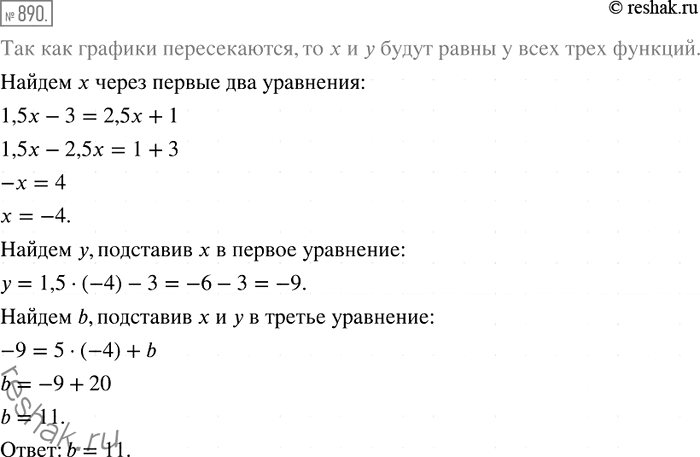 Изображение 890. При каком значении b графики функций у = 1,5x - 3, у = 2,5x + 1 и у = 5х + b пересекаются в одной...