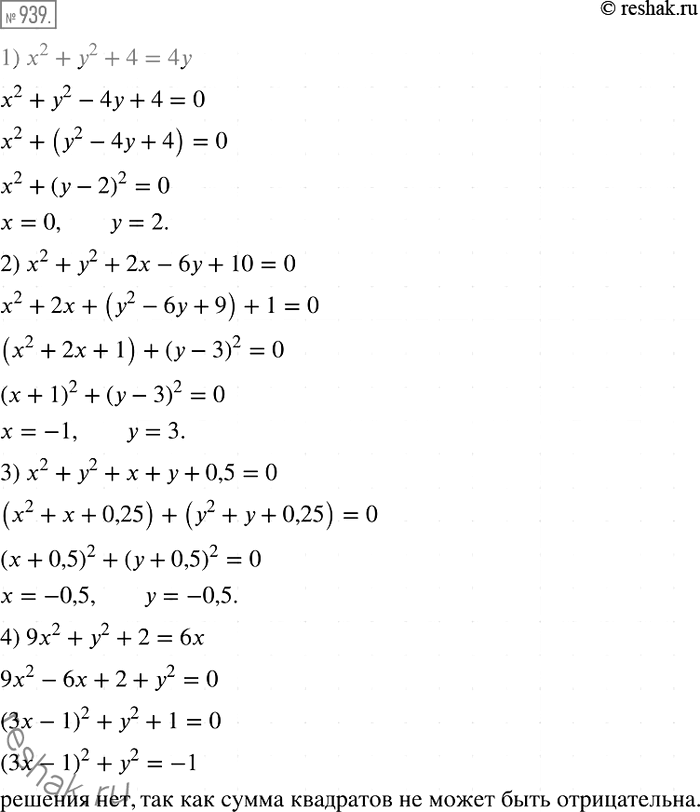 Изображение 939. Решите уравнение:1) х2 + у2 + 4 = 4у;	2) х2 + у2 + 2х - 6у + 10 = 0;	3) х2 + у2 + х + у + 0,5 = 0;4) 9х2 + у2 + 2 =...