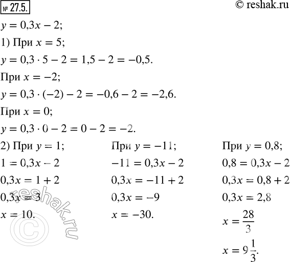 Изображение 27.5. Функция задана формулой у=0,3x-2. Найдите:1) значение функции, если значение аргумента равно: 5; -2; 0;2) значение аргумента, при котором значение функции...