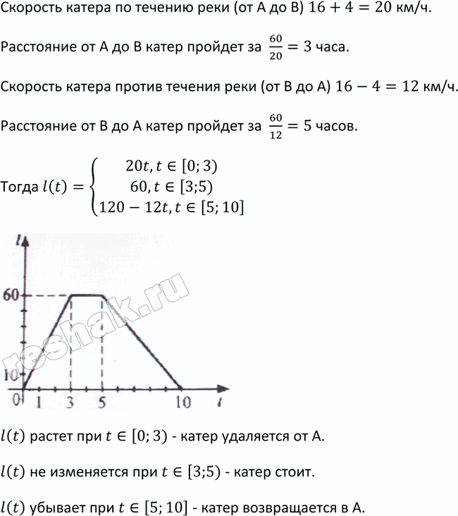 Изображение 204. Катер отправляется от пристани А и идёт вниз по реке к пристани В, до которой 60 км. После двухчасовой стоянки на пристани В он возвращается обратно. Расстояние l...