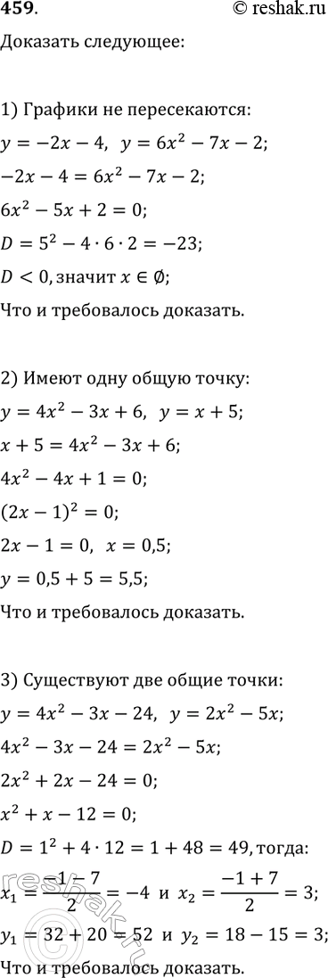 Изображение 459. Докажите, что:1) прямая у = -2х - 4 и парабола у = 6х^2 - 7х - 2 не пересекаются;2) парабола у = 4х^2 - Зх + 6 и прямая у = х + 5 имеют одну общую точку,...