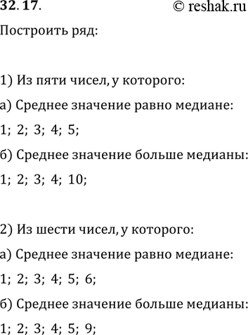 Изображение 32.17. Постройте ряд: 1) из пяти чисел; 2) из шести чисел, у которого: а) среднее значение равно медиане;б) среднее значение больше...