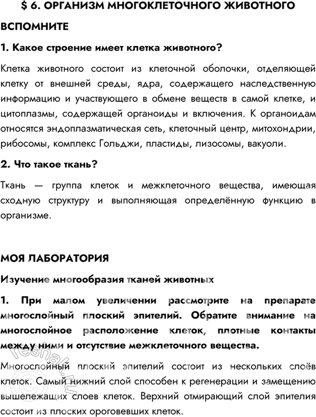 Изображение §6. ОРГАНИЗМ МНОГОКЛЕТОЧНОГО ЖИВОТНОГОВСПОМНИТЕ1. Какое строение имеет клетка животного?Клетка животного состоит из клеточной оболочки, отделяющей клетку от...