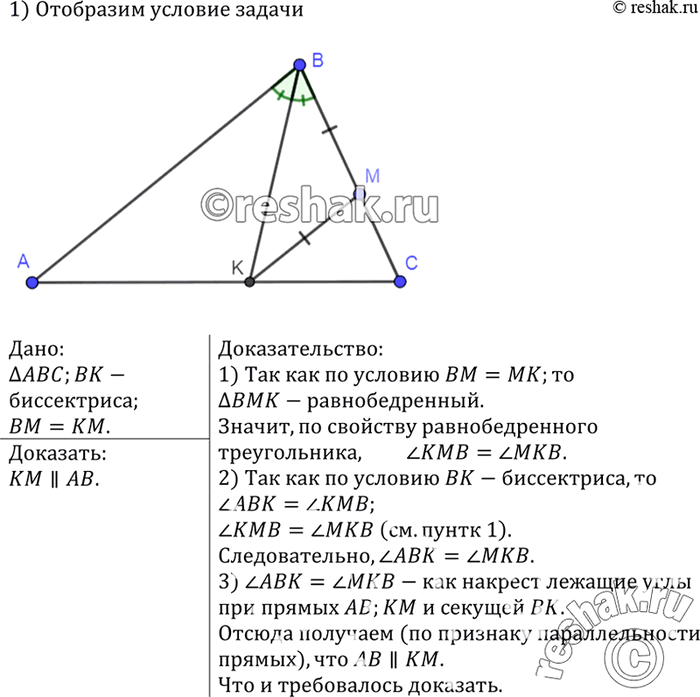 Изображение Отрезок ВК — биссектриса треугольника ABC. Через точку К проведена прямая, пересекающая сторону ВС в точке М так, что ВМ=МК. Докажите, что прямые КМ и АВ...