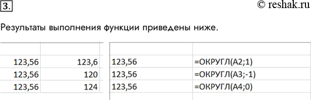 Изображение 3. Выясните, чему равен результат функции ОКРУГЛ, если заданное число разрядов больше нуля, меньше нуля, равно нулю.Результаты выполнения функции приведены...