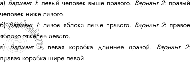 Изображение 30. Запишите отношения между парами объектов, представленными на рисунках.а) Вариант 1: левый человек выше правого. Вариант 2: правый человек ниже левого.б)...