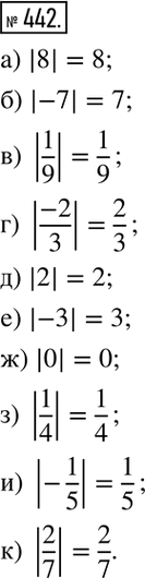 Изображение 442. Упростите запись по образцу:а) |8|=8; б) |-7|=7; в) |1/9|=1/9; г) |(-2)/3|=2/3; д) |2|; е) |-3|; ж) |0|;  з) |1/4|;  и) |-1/5|;  к) |2/7|....