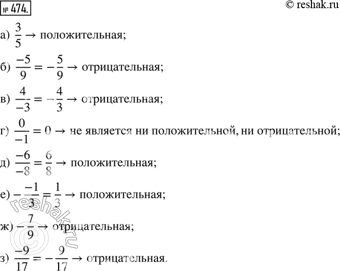 Изображение 474. Является ли дробь положительной, отрицательной:а)  3/5;  б)  (-5)/9; в)  4/(-3); г)  0/(-1);  д)  (-6)/(-8); е)-(-1)/3; ж)-7/9; з)  (-9)/17? ...