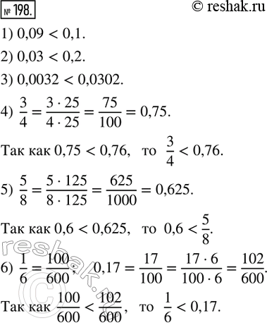 Изображение 198. Сравнить числа:1) 0,09 и 0,1;   2) 0,03 и 0,2;   3) 0,0032 и 0,0302;4) 3/4 и 0,76;   5) 0,6 и 5/8;    6) 1/6 и...