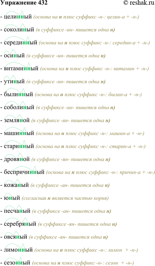 Изображение 432 Запишите прилагательные в две колонки: 1) с н; 2) с нн. Обозначьте корни и суффиксы. Проверьте работу друг У Друга.- целинный (основа на н плюс суффикс -н-:...