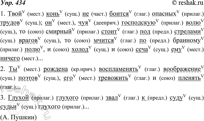 Изображение 434. Сделайте частичный синтаксический разбор предложения: графически укажите члены предложения. Сокращённо надпишите над ними способ морфологического выражения....